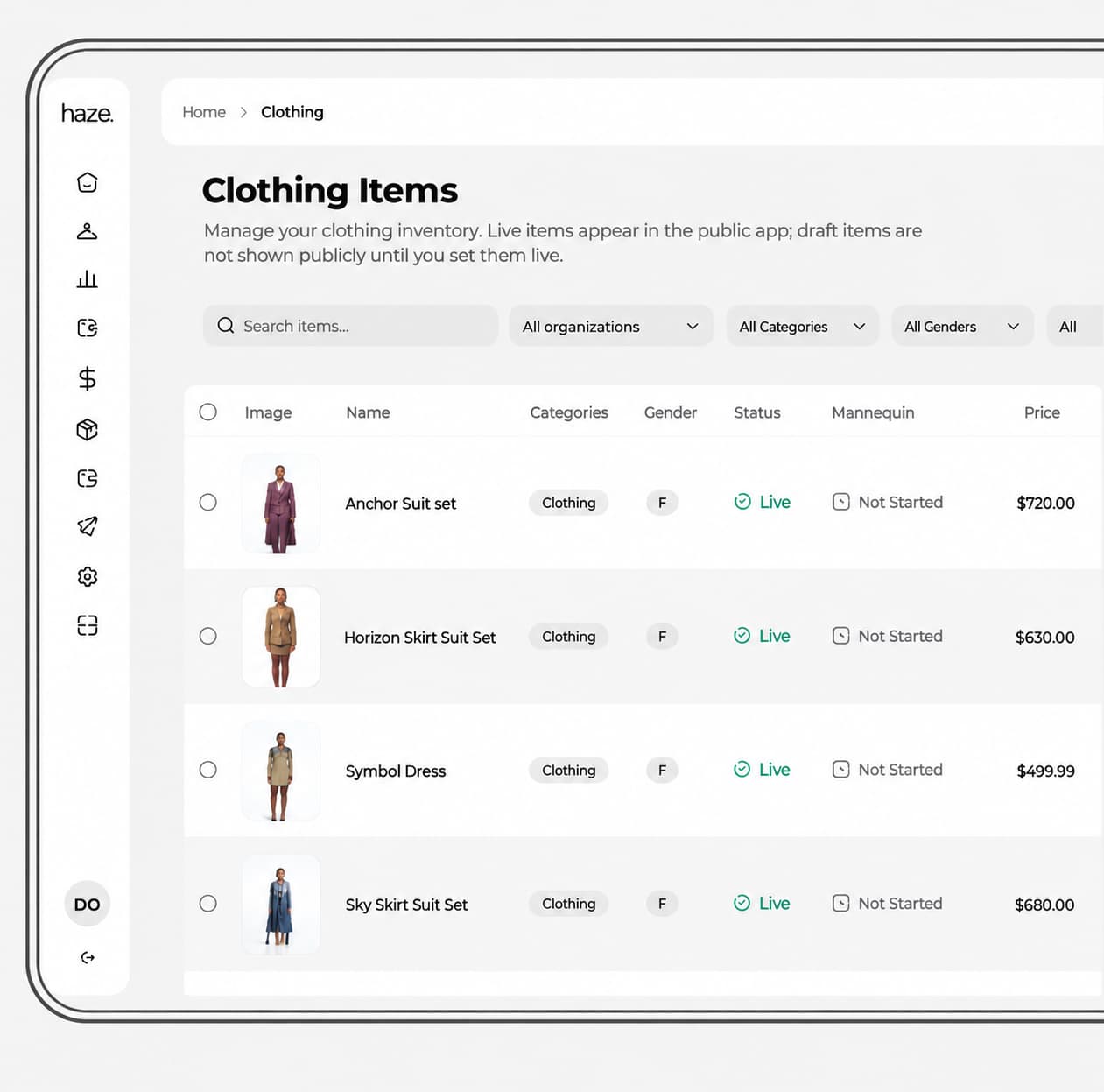 Haze Clothing Items dashboard showing the product catalogue and item statuses