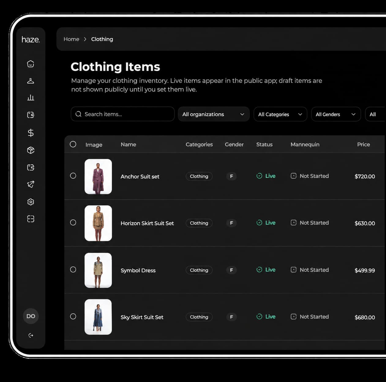 Haze Clothing Items dashboard showing the product catalogue and item statuses