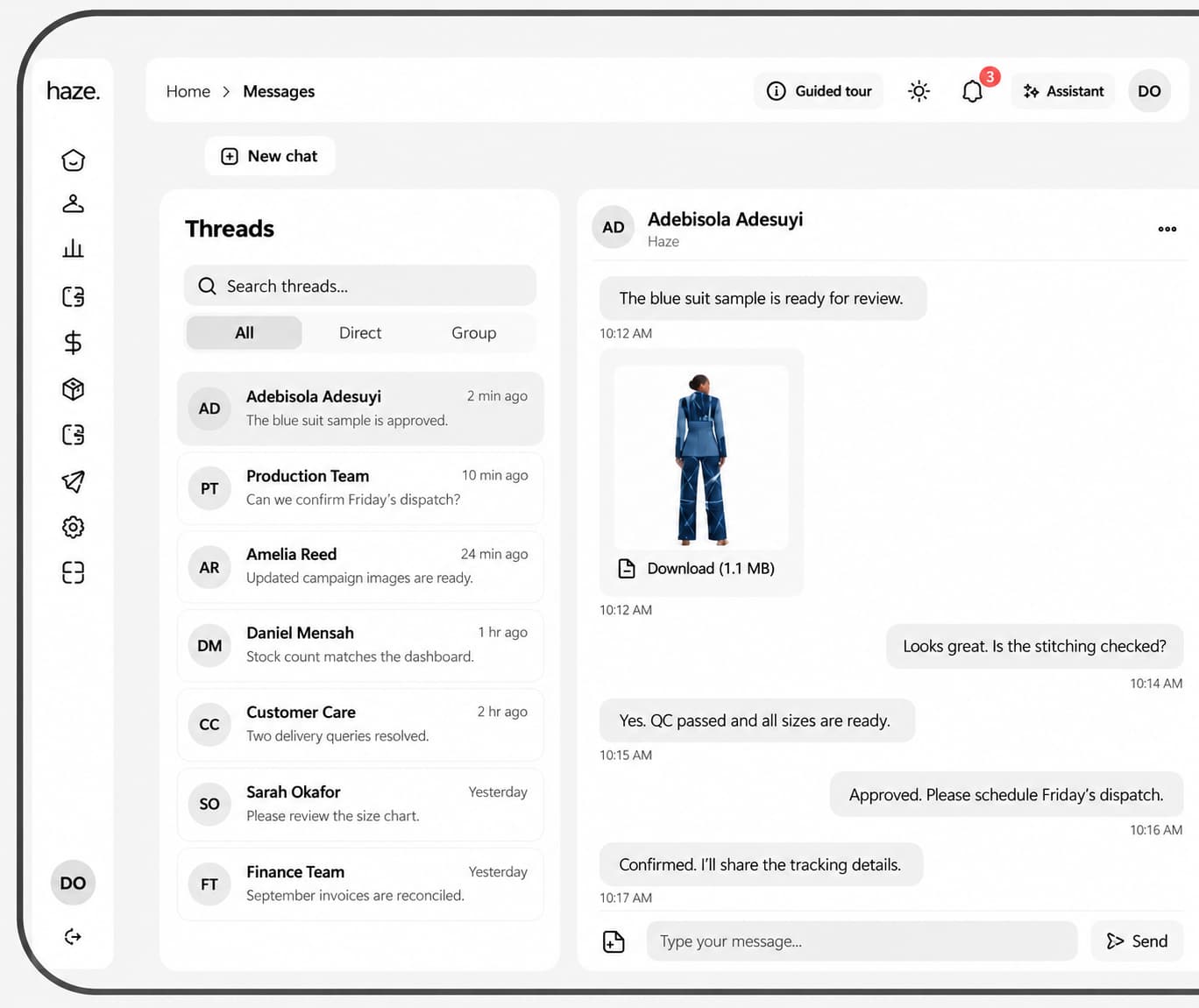 Haze Messages dashboard for direct and group team conversations