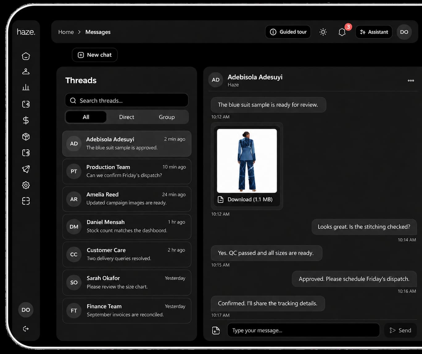 Haze Messages dashboard for direct and group team conversations