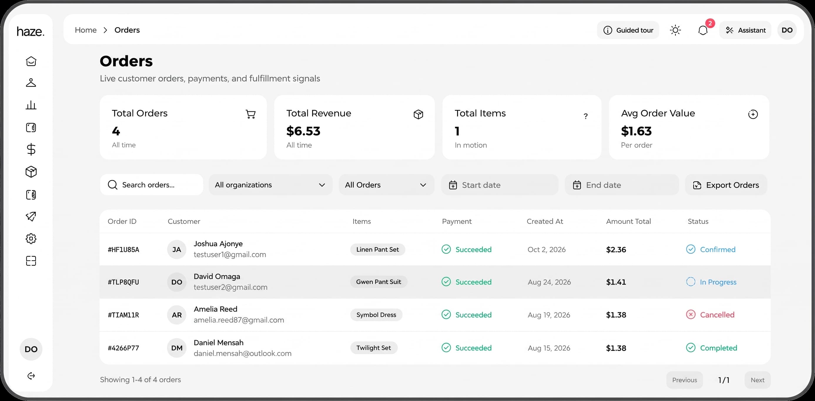 Haze Orders dashboard showing order totals, revenue, and customer orders