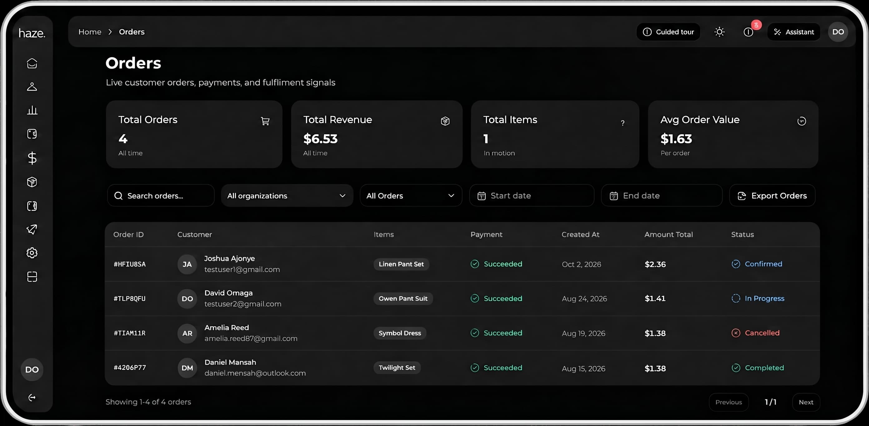 Haze Orders dashboard showing order totals, revenue, and customer orders