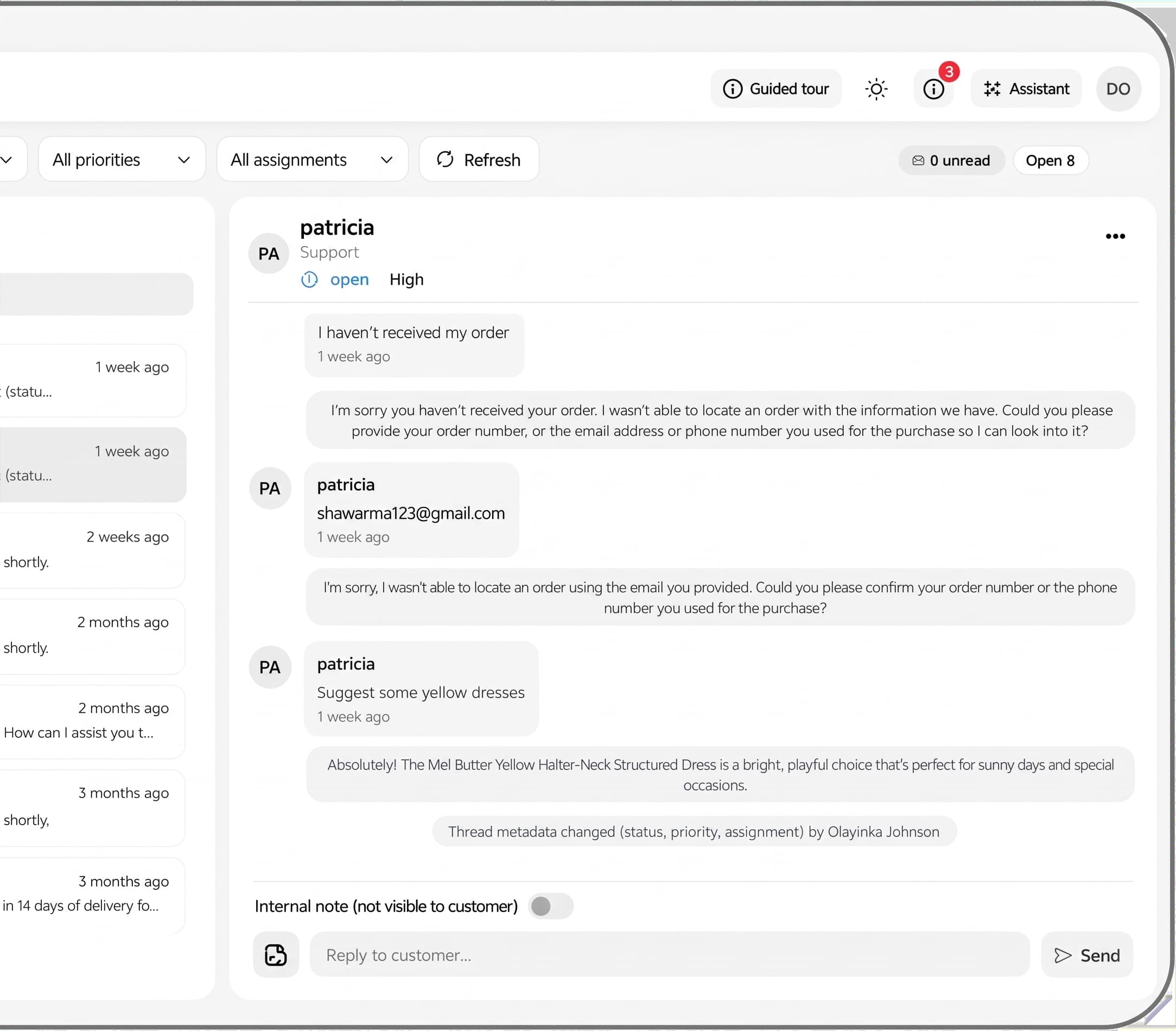 Haze AI support dashboard with customer conversations and a support thread panel