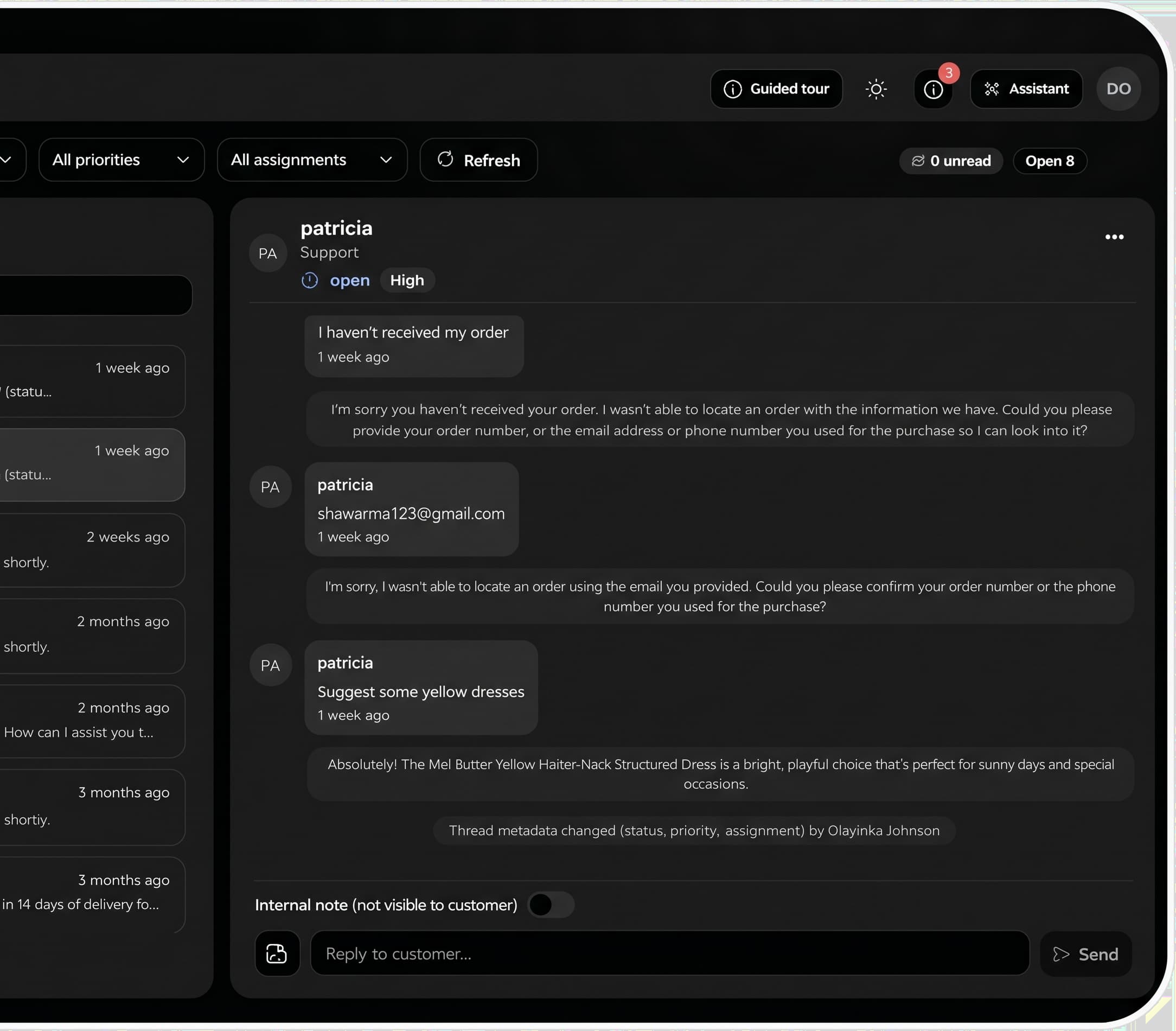 Haze AI support dashboard with customer conversations and a support thread panel