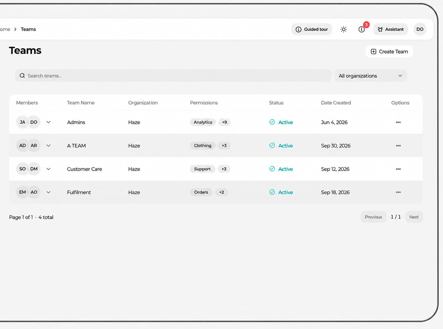 Haze Teams dashboard showing team members, permissions, and statuses