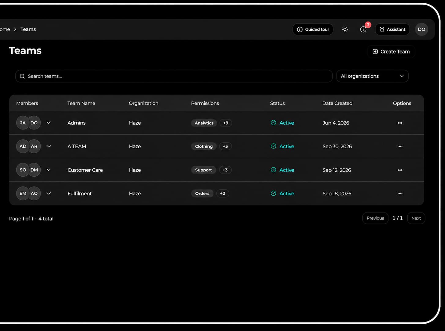 Haze Teams dashboard showing team members, permissions, and statuses